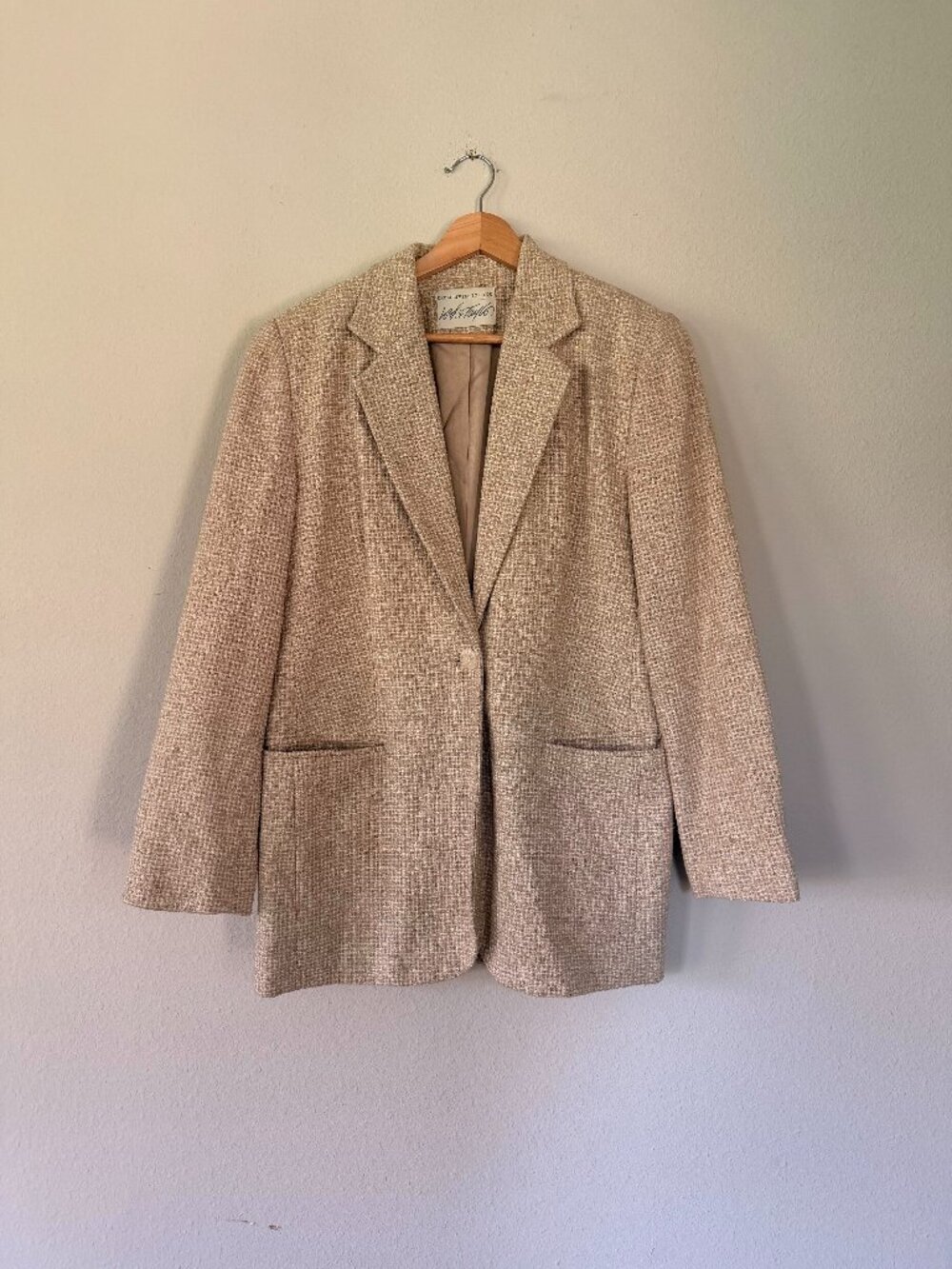 Vintage Lord & Taylor Tan Tweed Blazer Size 8 Silk Boxy Jacket